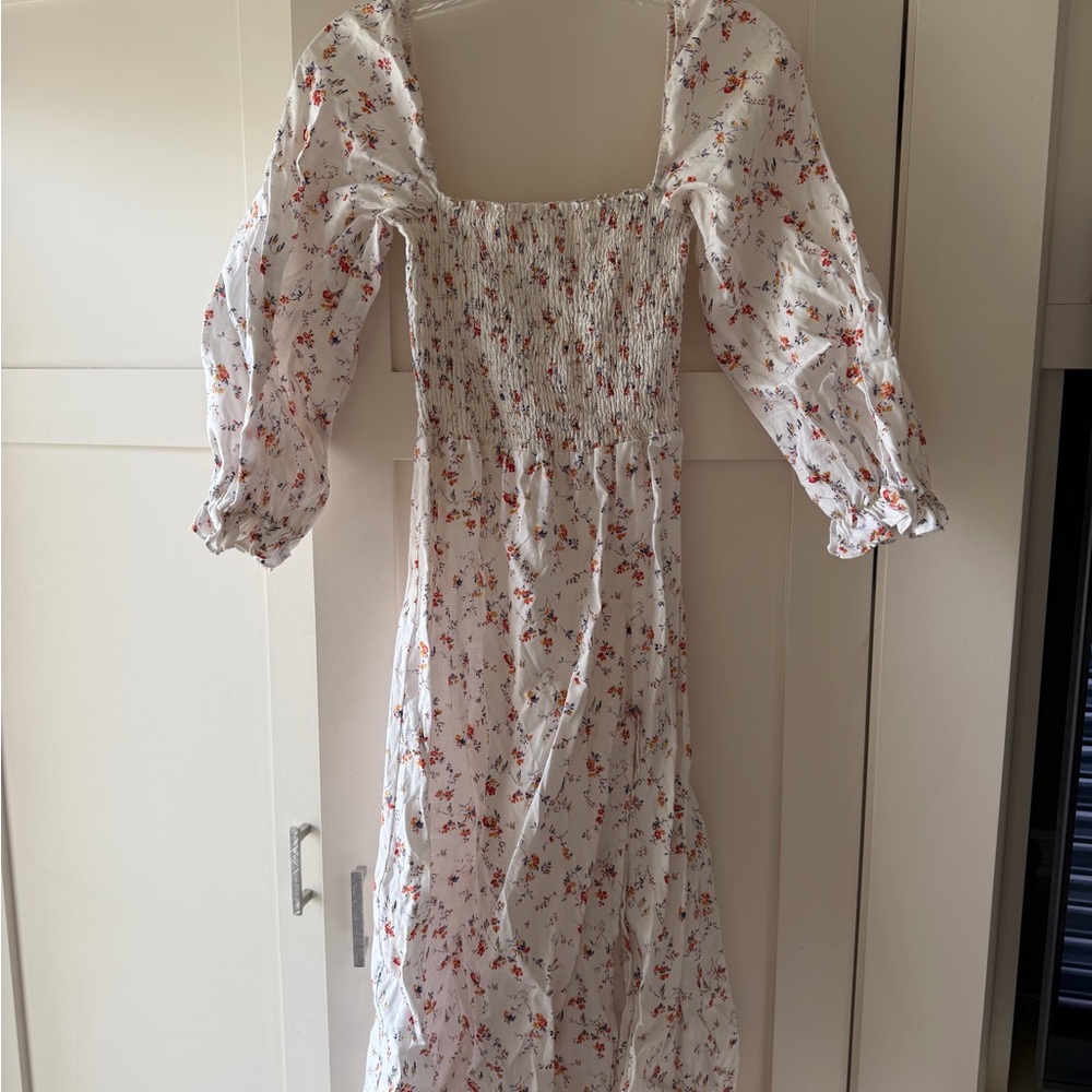 Reformation White Long Sleeve Dress with Red Floral Pattern